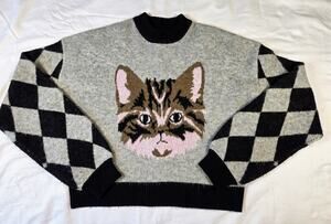 Lazy Oaf Sweater Jumper Large Kitty Cat Face Fluffy Knit Argyle Grey Black